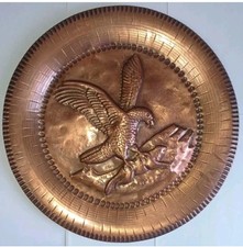 Piatto In Rame Aquila All Attacco Decorativo Da Parete Sbalzato 34cm Vintage