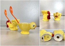 PORTA UOVO VINTAGE CERAMICA PULCINO GALLINA Goebel SMALTO GIALLO CUCCHIAINO '50
