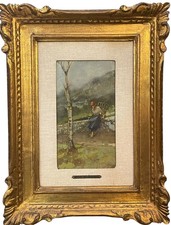 Dipinto Olio su cartone, campagnola, Lorenzo Gignous, XIX secolo