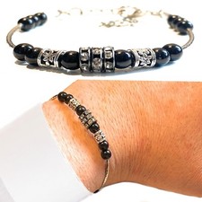 Bracciale da uomo di perle nere con zirconi braccialetto regolabile donna con