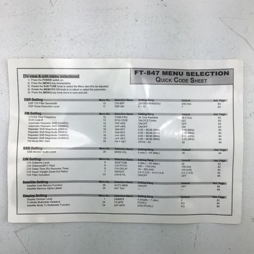 Yaesu 847 menu - yaesu, ft-847