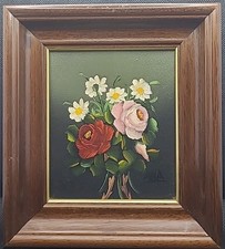 Dipinto olio vintage con cornice natura morta mazzo di fiori firmato dall'artista ANA
