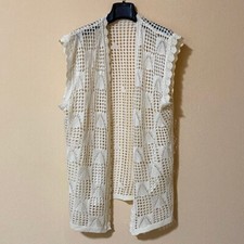 Gilet a Maglia Ricamato Bianco Panna Elegante Country Chic Rustico Vintage Retro