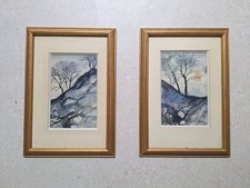 Pittura Acquerello Paesaggio Alberi Coppia Di Quadro IN Miniatura Con Firmato