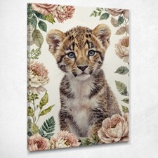 Quadro Per Nursery, Decorazione Per Bambino, Dolce Cucciolo Di Leopardo Con Fior