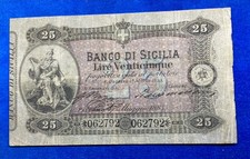 Banca Di Sicilia Biglietto Al Portatore Da 25 Lire Del 1883 Matrice Laterale
