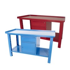 Banco lavoro SOGI 1,5 m piano acciaio + armadio con anta e cassetto - blu/rosso