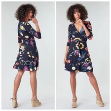 Abito donna nuovo con etichette Desigual Tropic India floreale finto avvolgente XXL blu navy manica lunga