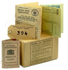 1940s/WW2 Replica History Set GAS MASK BOX-RATION BOOKS-ID CARD-LUGGAGE LABEL