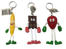 3 PORTA CHIAVI IN GOMMA ARTI ANIMATI MODELLABILI FRAGOLA BANANA CIOCCOLATO CM 15