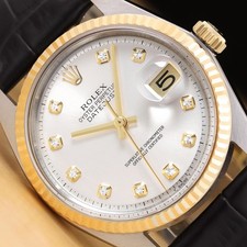 ROLEX DATEJUST 1601 ORO 14K ACCIAIO ARGENTO OROLOGIO CON CINTURINO IN PELLE NERA