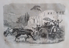 Stampa antica Calesse napoletano Napoli Vesuvio xilografia originale 1861