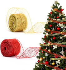 2 Nastri Natalizi per Albero Di Natale Nastro Natalizio in Rete Oro E Rosso Kit,