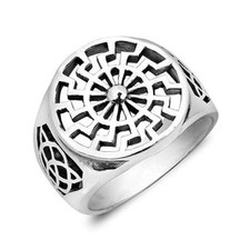 Anello Pagano Argento Sterling 925 Ruota Sole Nera Tedesca Sonnenrad Nodo Celtico