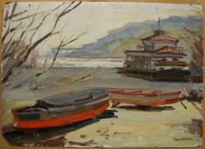 Dipinto olio sovietico ucraino URSS paesaggio marino barca nave vecchio fiume Kiev Dnipro