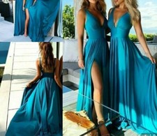 abito donna cerimonia damigella vestito lungo celeste