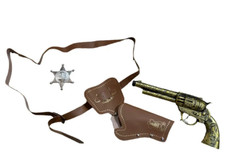 Set pistola e fondina cowboy oro con cintura e distintivo vestito fantasia giocattolo Prop