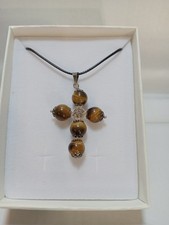 Ciondolo Croce In Occhio Di Tigre Montata A Mano Su Argento 925