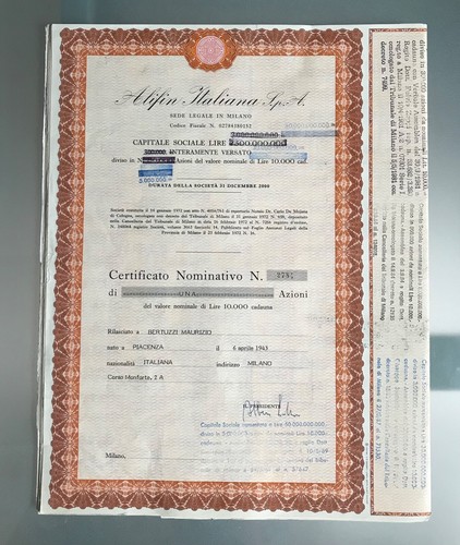 Certificato azionario alifin - azionario,
