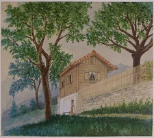 Painting Watercolor Picture Acquerello "Casa nel Bosco" epoca 1800