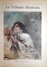 Stampa antica GIOVANE DONNA CON MAZZO DI FIORI da B. Cascella 1890 Antique print