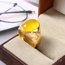 Naturale Giallo Onice Gemma Placcato Oro 925 Argento Sterling Uomo Anello #5910