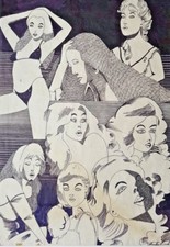 dipinto Disegno Pennarelli su Carta FIGURATIVO SURREALISTA DONNE 1980