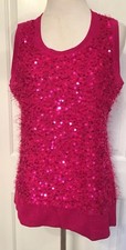 BARBIECORE MISOOK Top donna TANK ROSA MAGLIA senza maniche luccicanti paillettes frange M