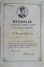 DIPLOMA MEDAGLIA UMBERTO I CAMPAGNE D'AFRICA 1894 RE D'ITALIA PERGAMENA 