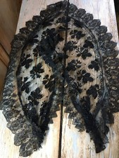 1870 Antica Mantella Stola Scialle Pizzo Nero Ricamato A Mano Perline Giaietto