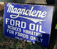 Insegna Vintage Magnolene Ford Olio Porcellana 2 Lati Originale Magnolia Petrolio Flangia