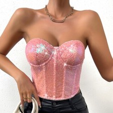 Canotta donna glitter paillettes senza spalline bustier disossato corsetto lucido night club
