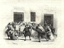 Stampa antica PROMESSI SPOSI ASSALTO AI FORNI pane GONIN 1840 Old antique print