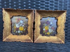 COPPIA ANTICHI DIPINTI AD OLIO - NATURA MORTA FLOREALE - FIRMA - CORNICE DORATA