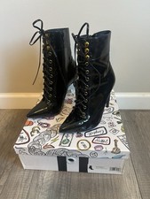 Stivali tacco alto stringati Jeffrey Campbell Elphaba-3 nero vernice oro taglia 7
