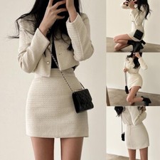 Elegante donna 2 pezzi tweed outfit giacca e gonna Aline f??r Moda Autunno