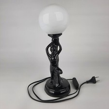 Lampada da tavolo vintage Art Decò ceramica nera NUDE DADY che tiene vetro opale GLOBE anni 70