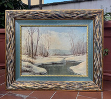 DIPINTO AD OLIO SU CARTONE TELATO - PAESAGGIO FLUVIALE INVERNALE - NEVE - FIRMA