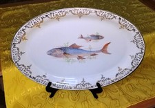 PIATTO PORTATA DA PESCE OVALE IN CERAMICA F.R. BAVARIA POLICROMA E FILO ORO '50s