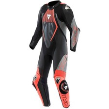 TUTA PELLE LEATHER SUIT MOTO DAINESE AUDAX D-ZIP 1PC PERF. BLACK FLUO RED TG 52
