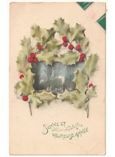 paesaggio cornice agrifoglio antica cartolina Buon Anno Bonne Année
