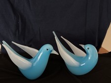 C60 Murano Glass Archimede Seguso Blue Pair Opalescent Alabastro Dove Bird Coup