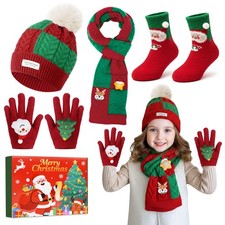 Caldo Set Natalizio per Bambini Cappello di Babbo Natale Sciarpa Guanti Rossi