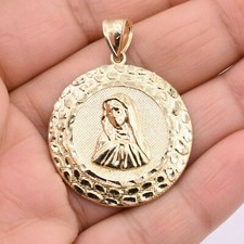 Ciondolo medaglione pepita taglio diamante Vergine Maria vero oro giallo massiccio 10 carati