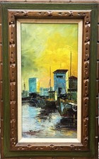 Francesco Rossini (Italiano), Vintage Mid-20 C Orig. Scena di porto testurizzata O/C firmata