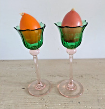 Coppia di candelieri in vetro soffiato colorato porta candele tulipano vintage