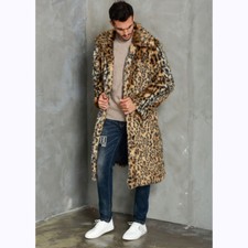 Giacca uomo pelliccia visone sintetica stampa leopardata outwear occidentale parka trench coat nuovo