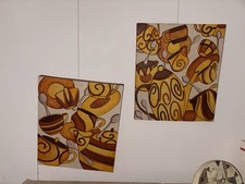 Coppia quadri moderni cucina caffè tazze teiere arredo 32x38 cm