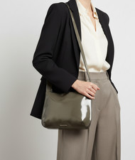 Furla Womens Taupe Patent Leather Shoulder Bag Medium Italy Silver Hardware