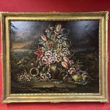 quadro antico dipinto 800 a olio su tela natura morta fiori rose con cornice oro